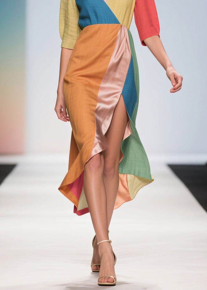 Deep V-Neck Wrap Panel High Split Asymmetrical Hem Midi Dress