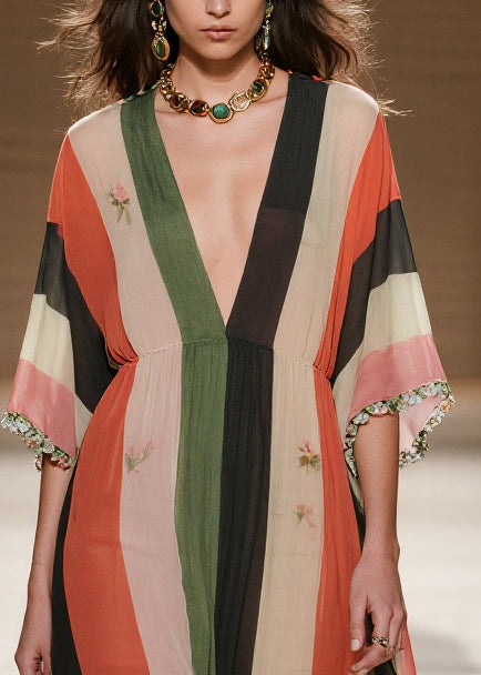 French Colorblock Striped Draping Chiffon Maxi Dresses Summer 2