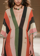 French Colorblock Striped Draping Chiffon Maxi Dresses Summer 2