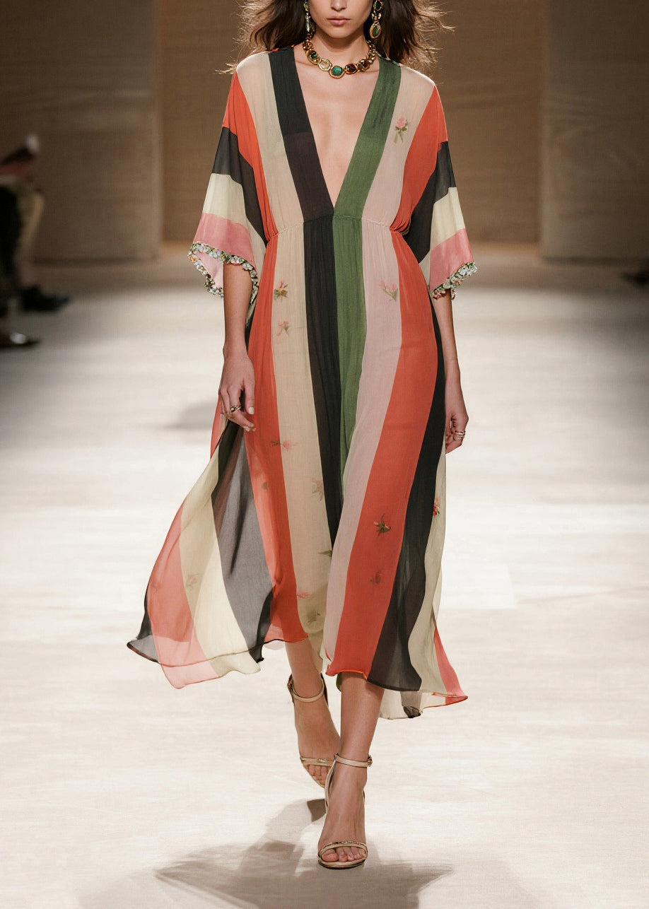French Colorblock Striped Draping Chiffon Maxi Dresses Summer 3
