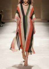 French Colorblock Striped Draping Chiffon Maxi Dresses Summer 3