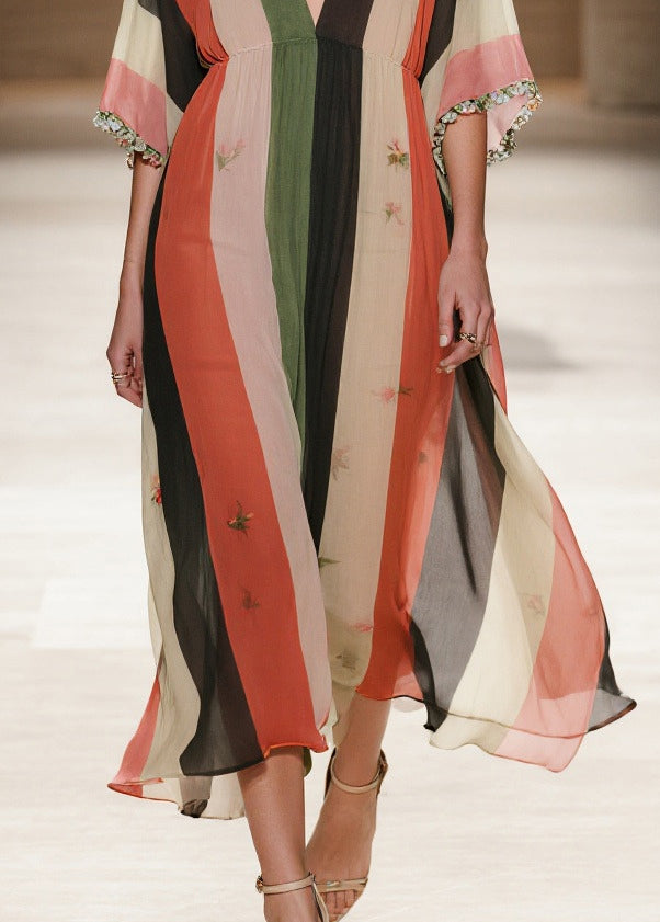 French Colorblock Striped Draping Chiffon Maxi Dresses Summer 4