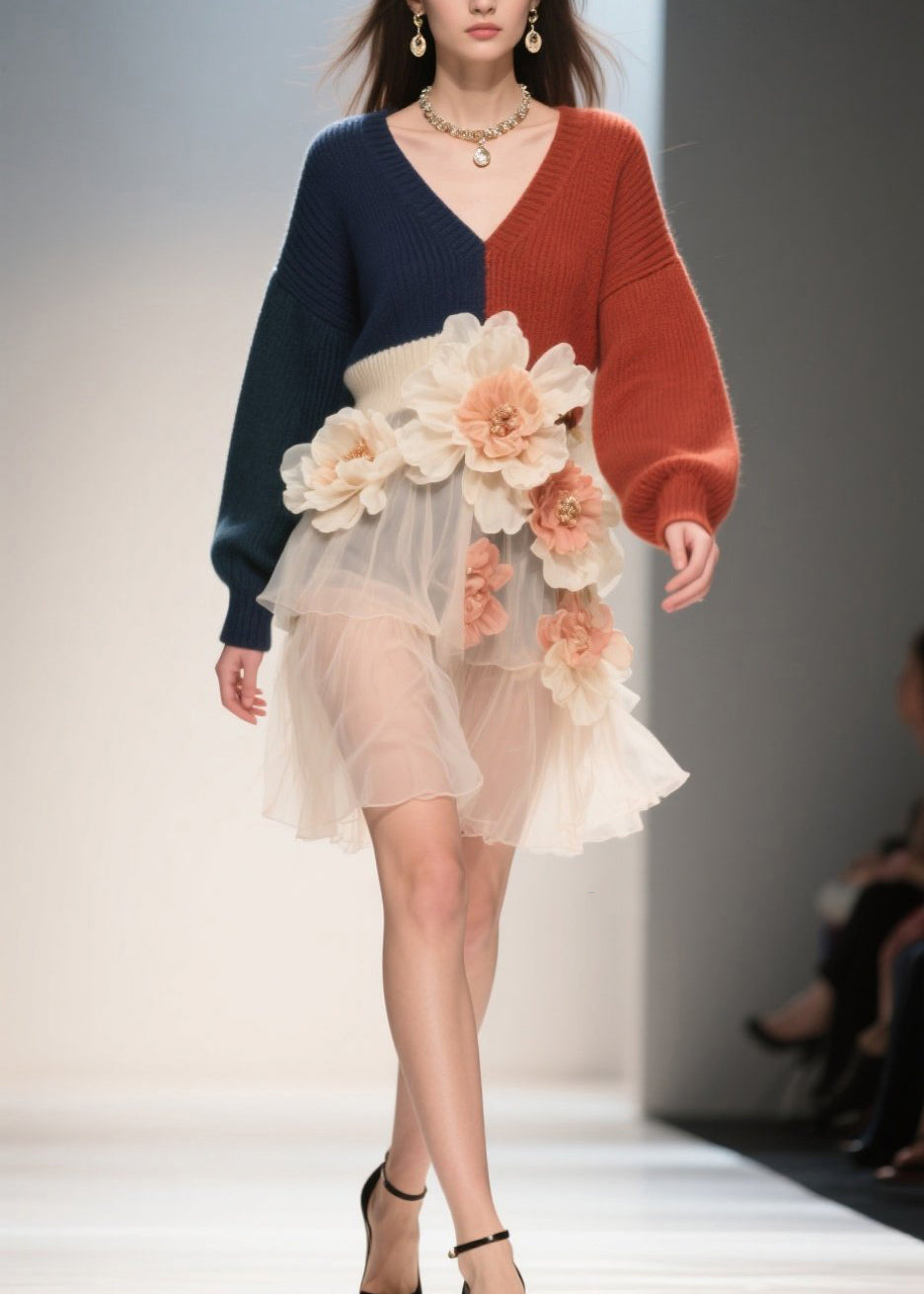 French Colorblock V Neck Tulle Floral Patchwork Knit Dress Fall