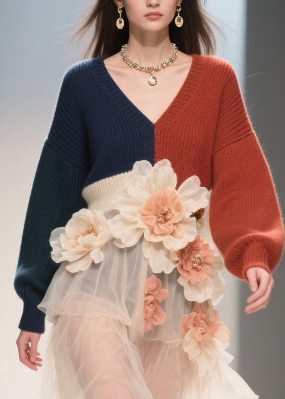 Colorblock Knit V-Neck Bishop Sleeve Floral Appliqué Tiered Tulle Mini Dress