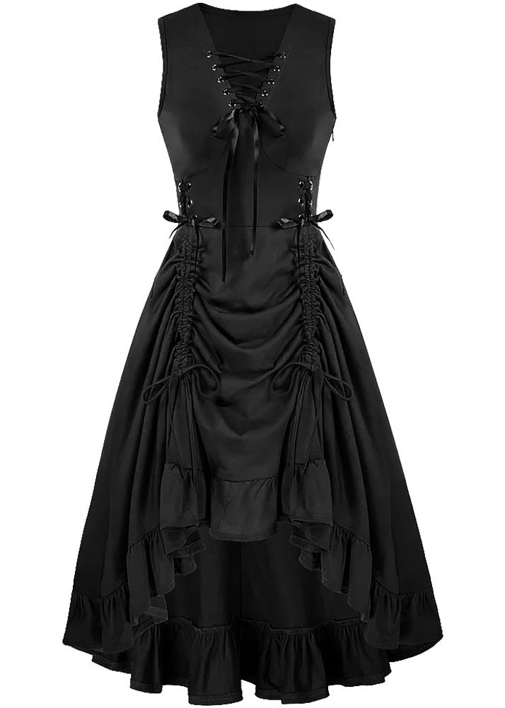 Lace Up Front V-Neck Side Lace Up Ruched High Low Ruffle Hem Sleeveless Midi Dress