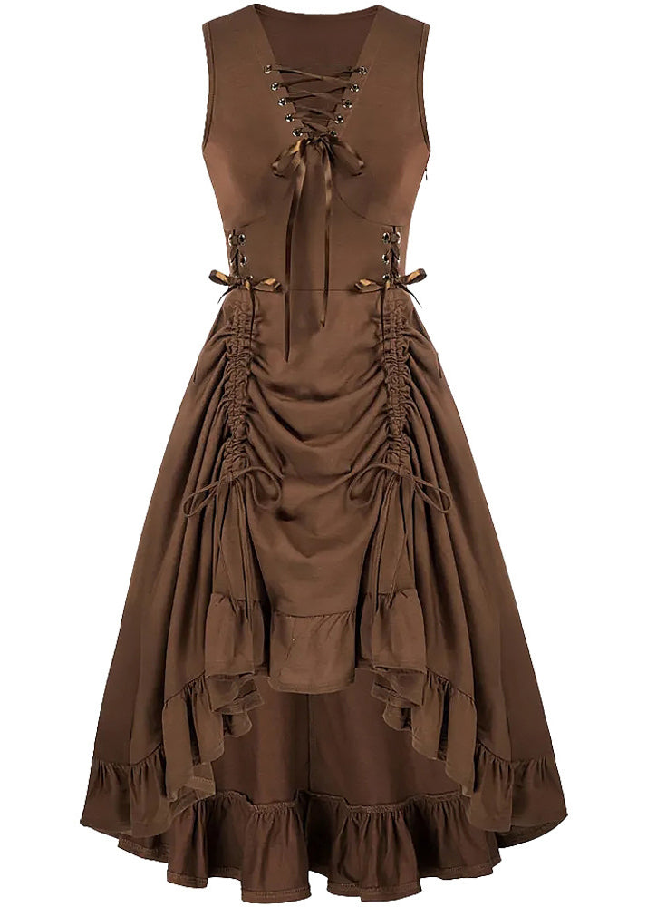 Lace Up Front V-Neck Side Lace Up Ruched High Low Ruffle Hem Sleeveless Midi Dress