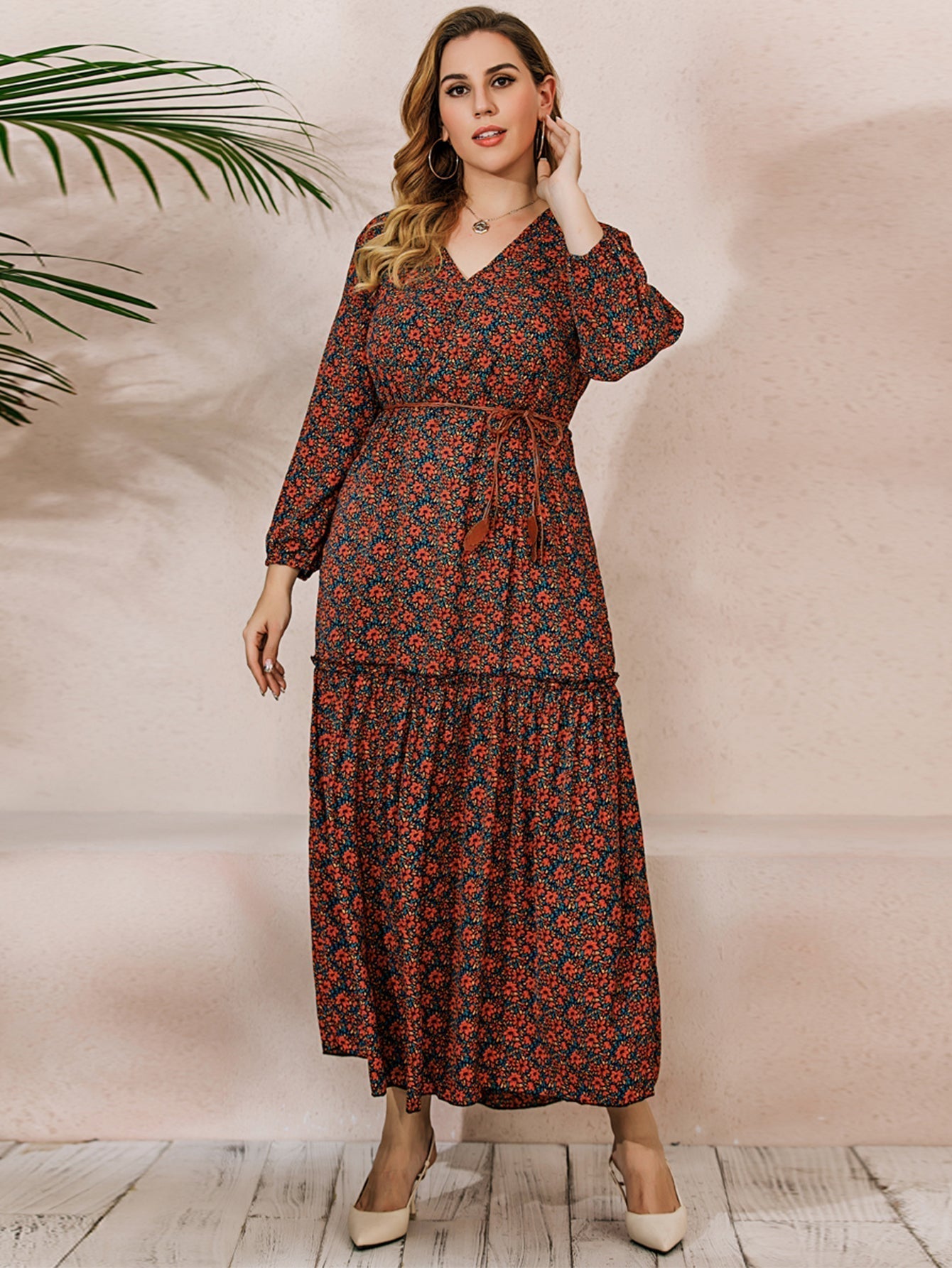 French Elegant Large Size Oversize Red Printed Long Sleeve V-Neck Dress