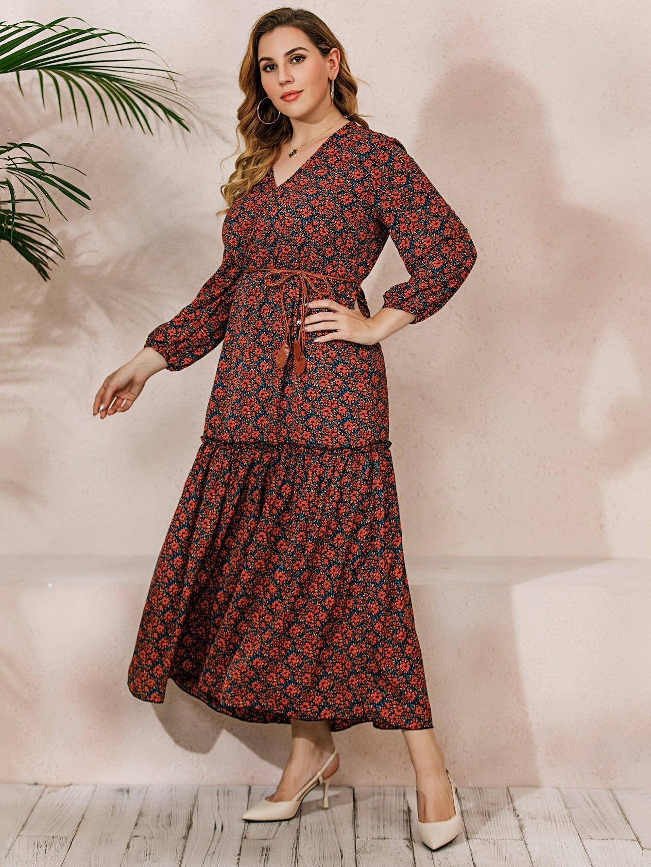 French Elegant Large Size Oversize Red Printed Long Sleeve V-Neck Dress