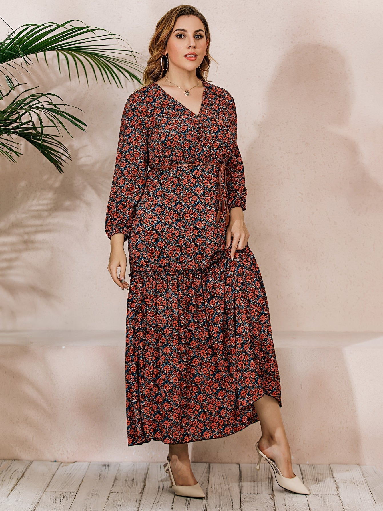 French Elegant Large Size Oversize Red Printed Long Sleeve V-Neck Dress