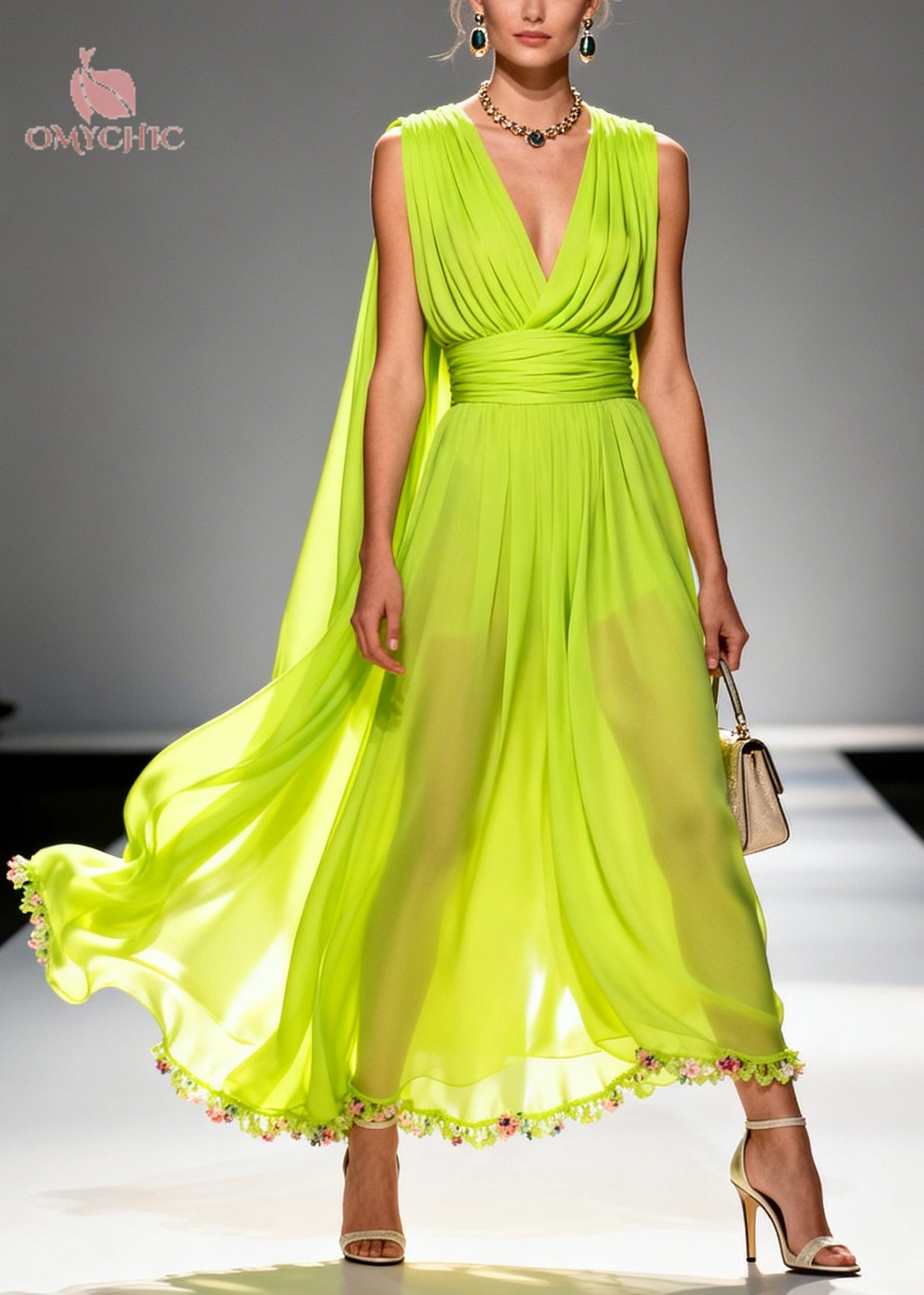 Deep V-Neck Sleeveless Pleated Waist Chiffon Floral Border Cape Back Maxi Gown