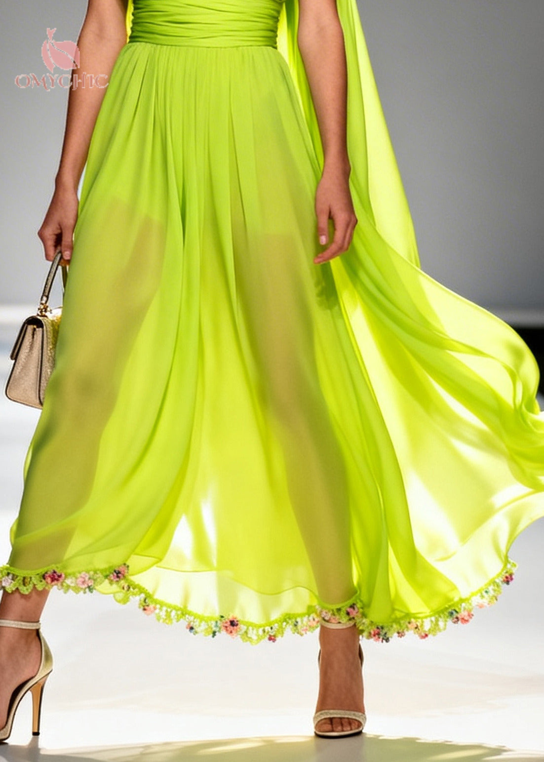 Deep V-Neck Sleeveless Pleated Waist Chiffon Floral Border Cape Back Maxi Gown