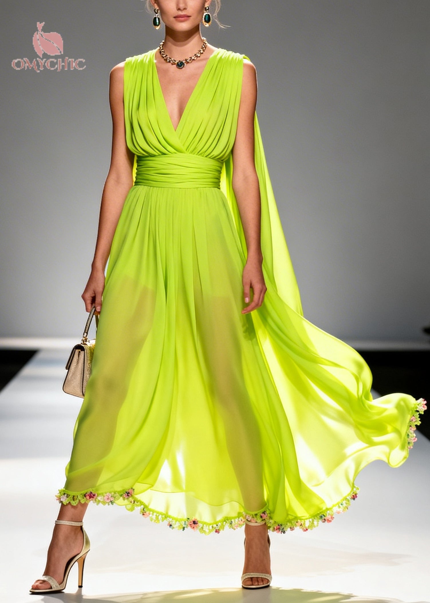 Deep V-Neck Sleeveless Pleated Waist Chiffon Floral Border Cape Back Maxi Gown