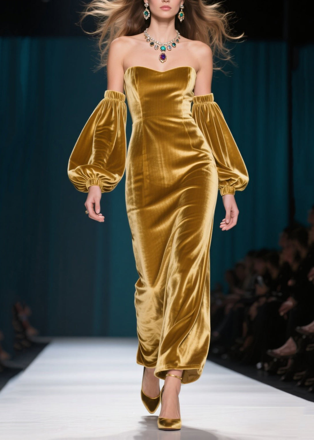 Velvet Strapless Sweetheart Neck Detached Lantern Sleeve Maxi Dress