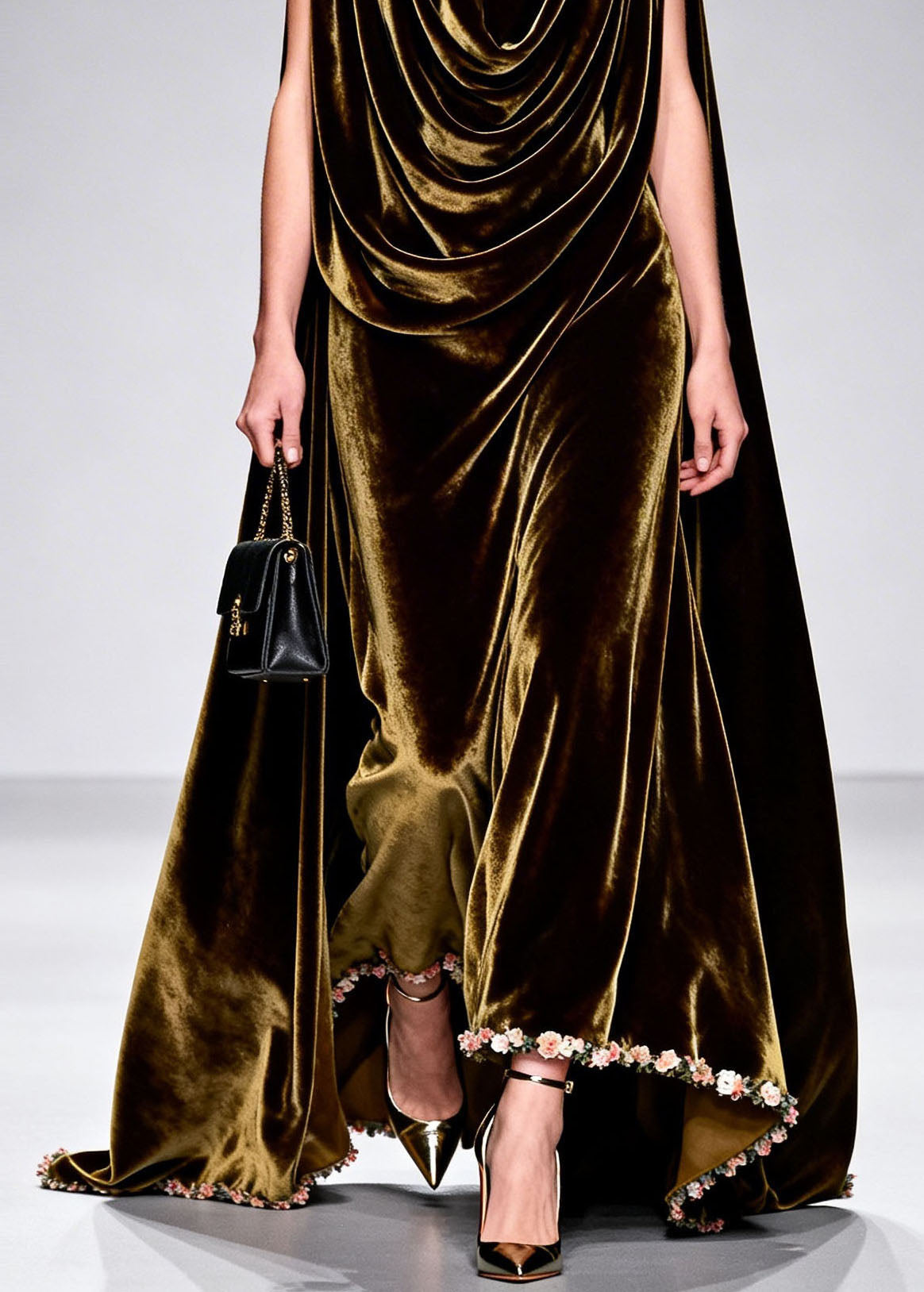 Velvet Cowl Neck Attached Cape Floral Applique Hem Sleeveless Maxi Gown