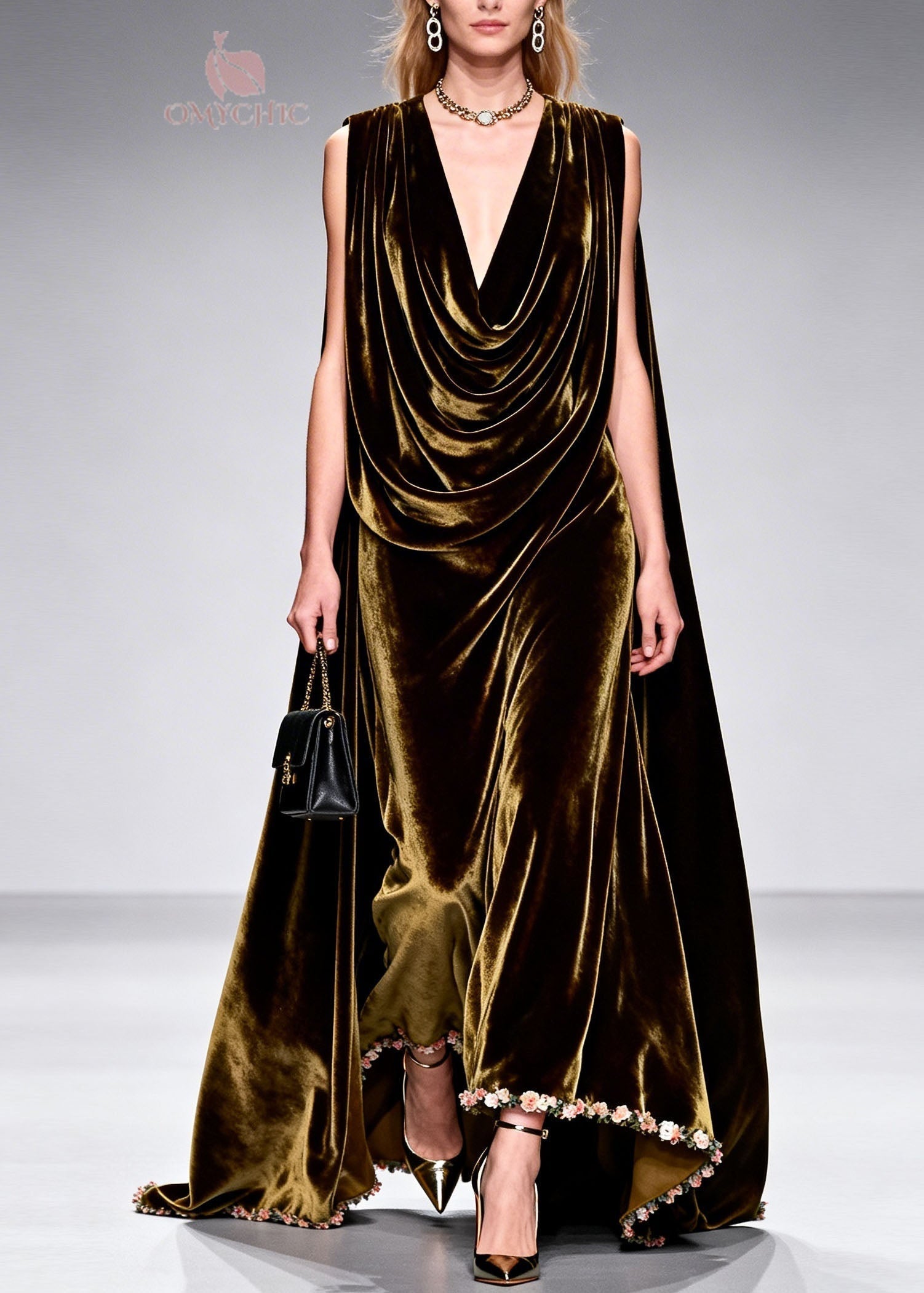 Velvet Cowl Neck Attached Cape Floral Applique Hem Sleeveless Maxi Gown