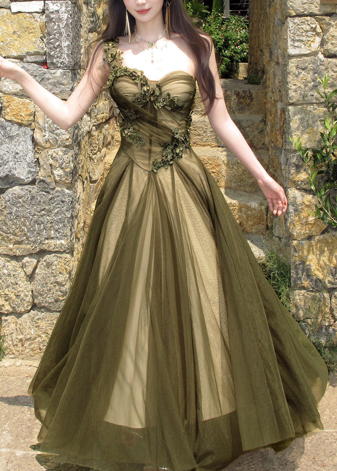 Floral Lace Appliqué One Shoulder Spaghetti Strap Tulle A-Line Maxi Gown
