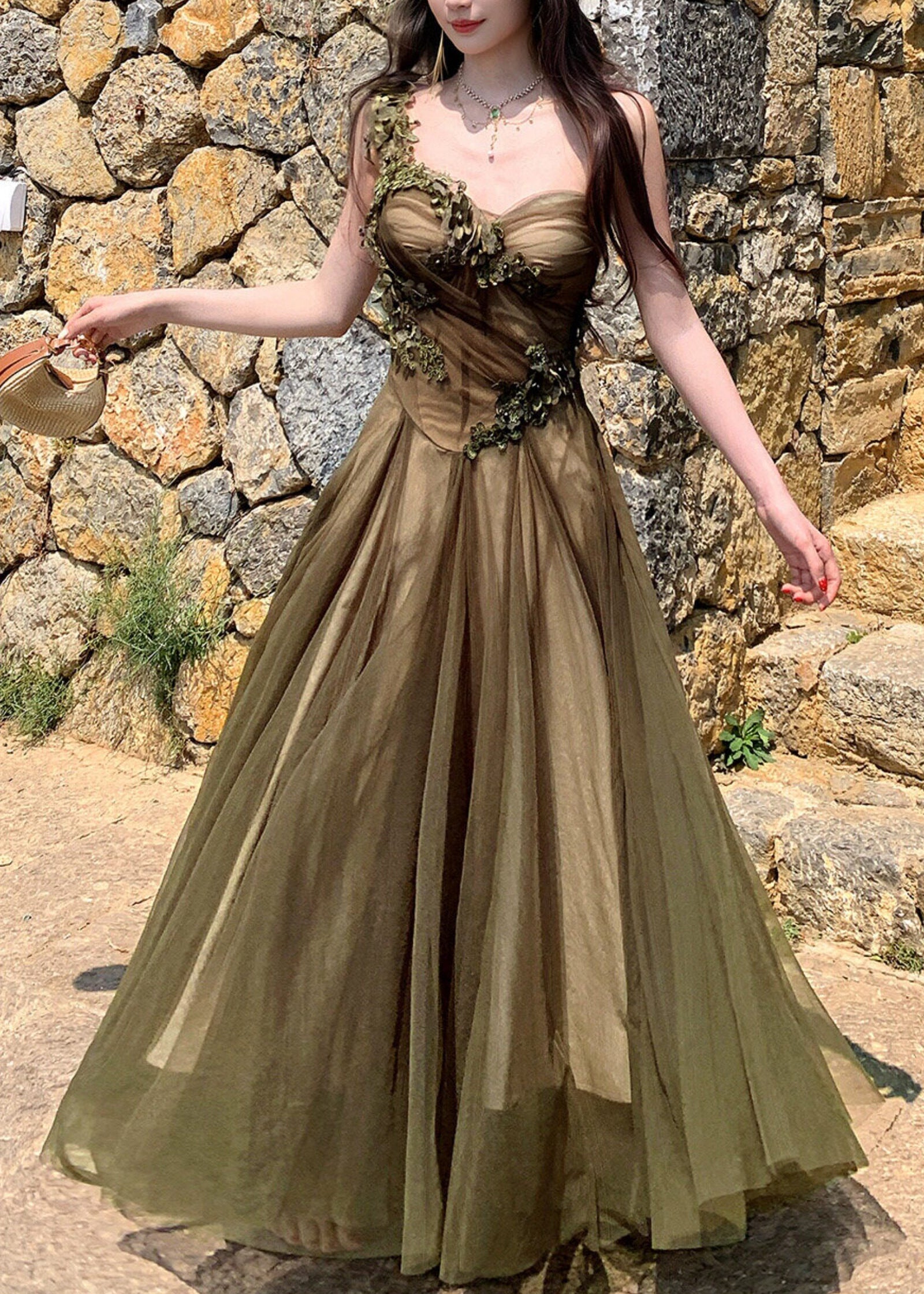 Floral Lace Appliqué One Shoulder Spaghetti Strap Tulle A-Line Maxi Gown