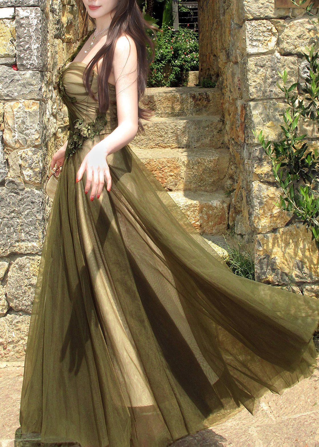Floral Lace Appliqué One Shoulder Spaghetti Strap Tulle A-Line Maxi Gown