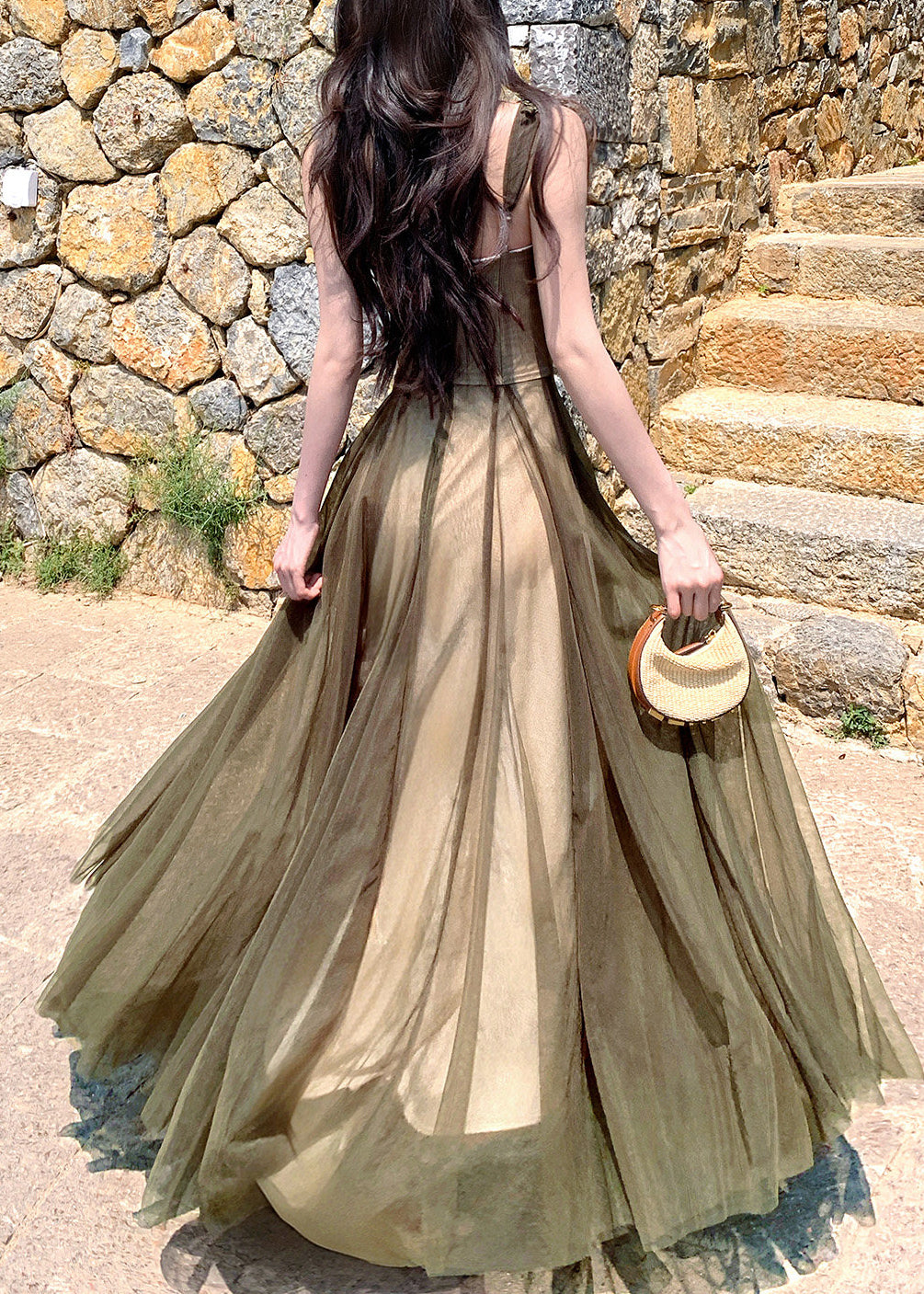 Floral Lace Appliqué One Shoulder Spaghetti Strap Tulle A-Line Maxi Gown