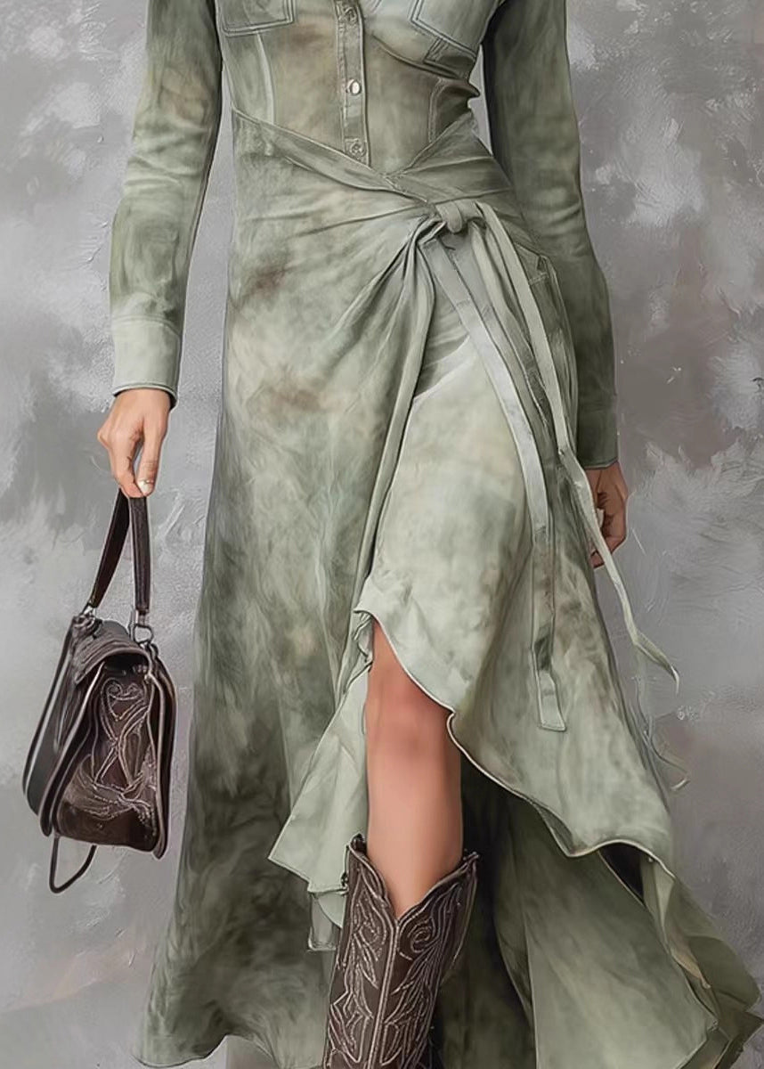 French Green Peter Pan Collar Tie Dye Lace Up Maxi Dresses Spring - View 4