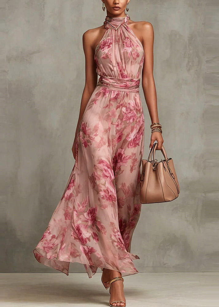 Chiffon Floral Halter Neck Ruched Waist A-Line Maxi Dress