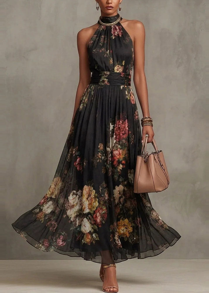Chiffon Floral Halter Neck Ruched Waist A-Line Maxi Dress