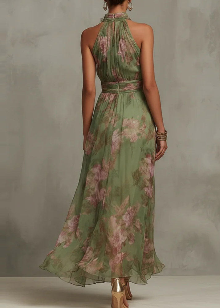 Chiffon Floral Halter Neck Ruched Waist A-Line Maxi Dress