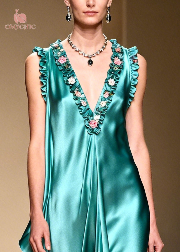 Deep V-Neck Sleeveless Ruffle Trim Satin High Low Maxi Dress
