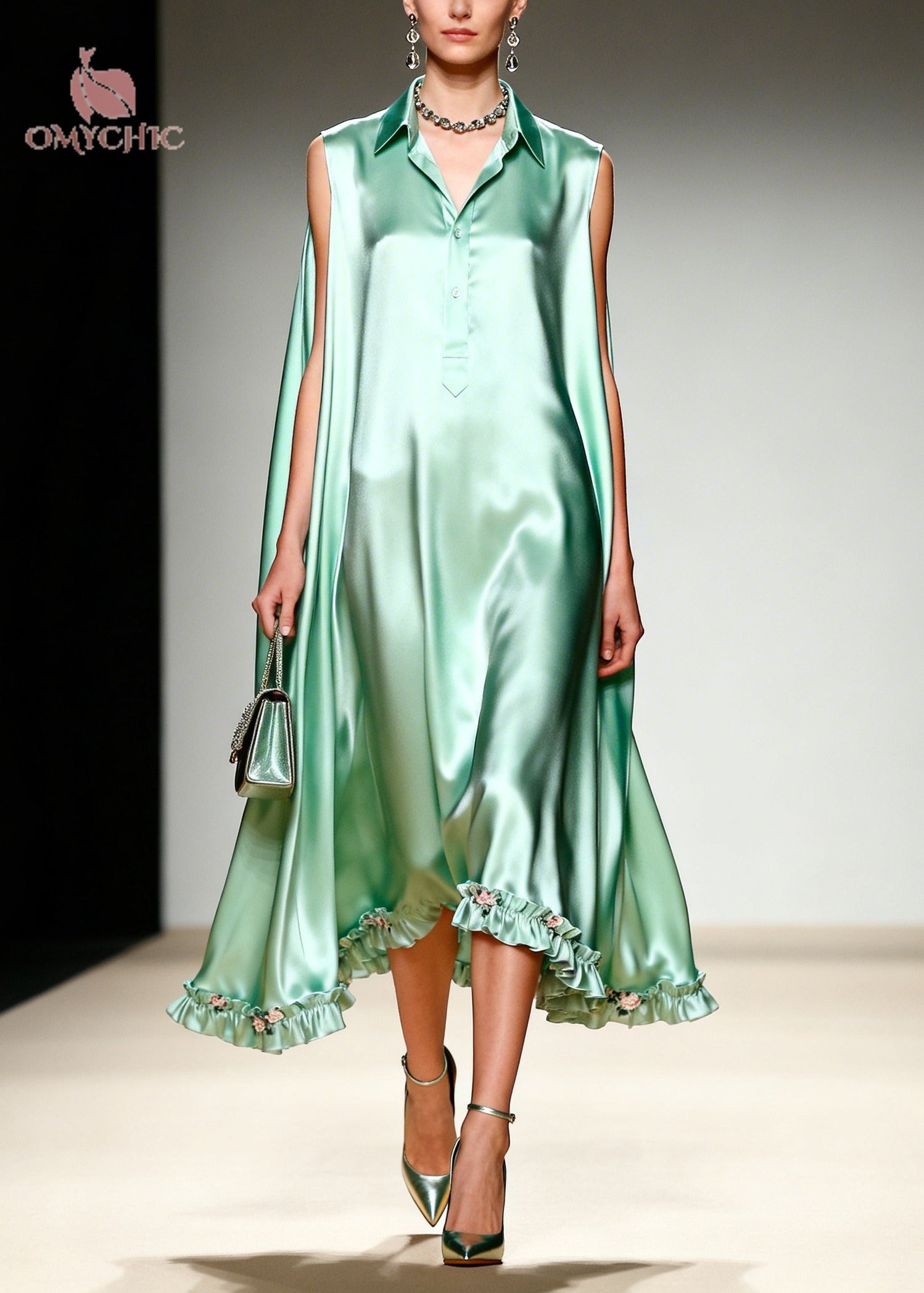 French Green Ruffled Oversized Draping Silk Holiday Dress Summer
