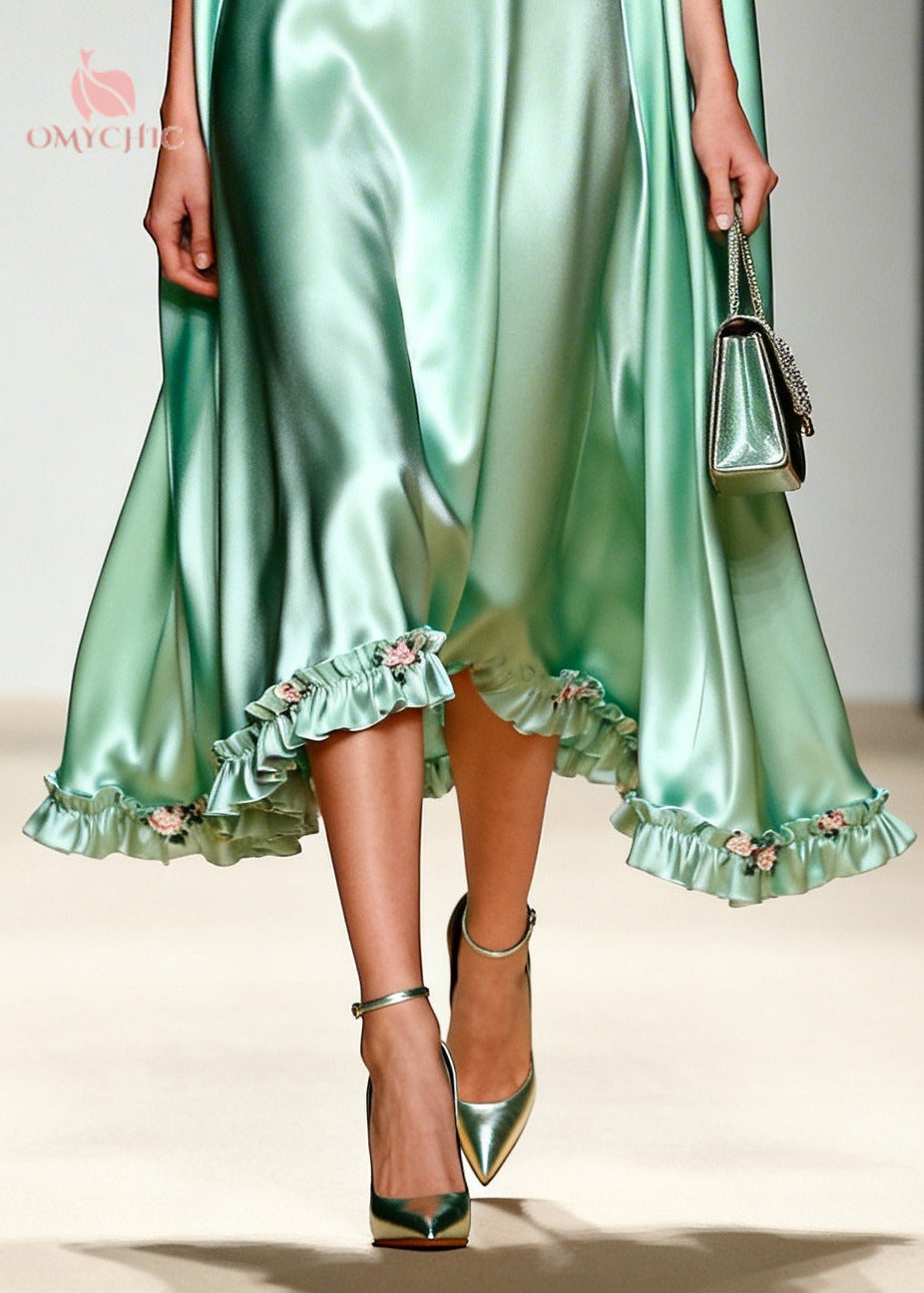 Satin Collared Sleeveless High Low Ruffle Hem Midi Dress