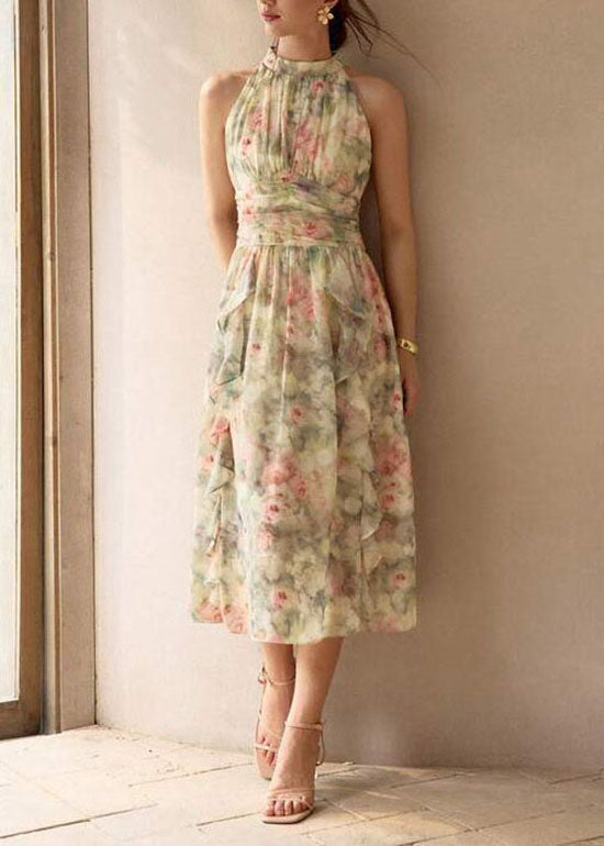 French Green Ruffled Print Chiffon Dresses Sleeveless - View 4