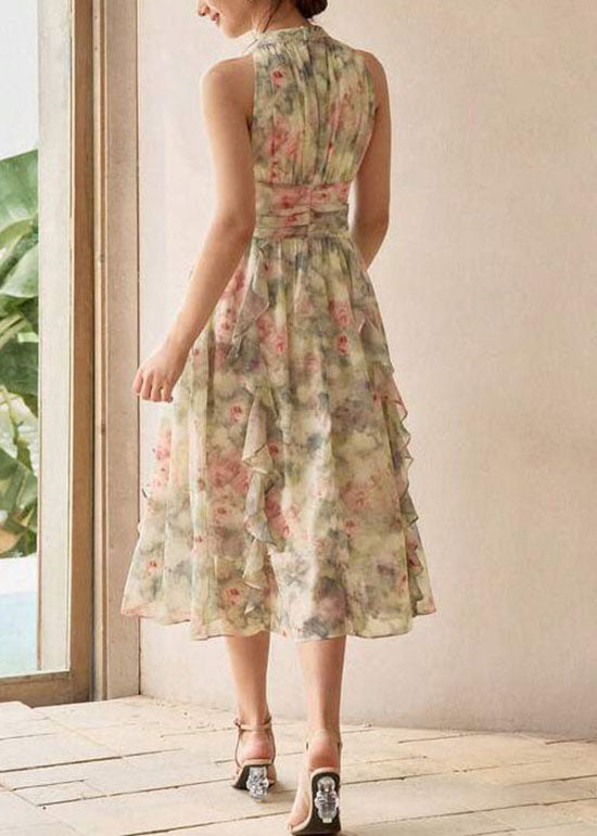 French Green Ruffled Print Chiffon Dresses Sleeveless - View 5