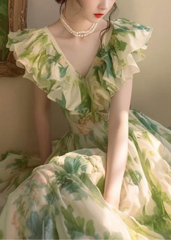 V-Neck Flutter Sleeve Ruffle Floral Print Chiffon Maxi Dress
