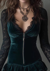 French Green V Neck Lace Patchwork Velvet Mini Dress Fall 2