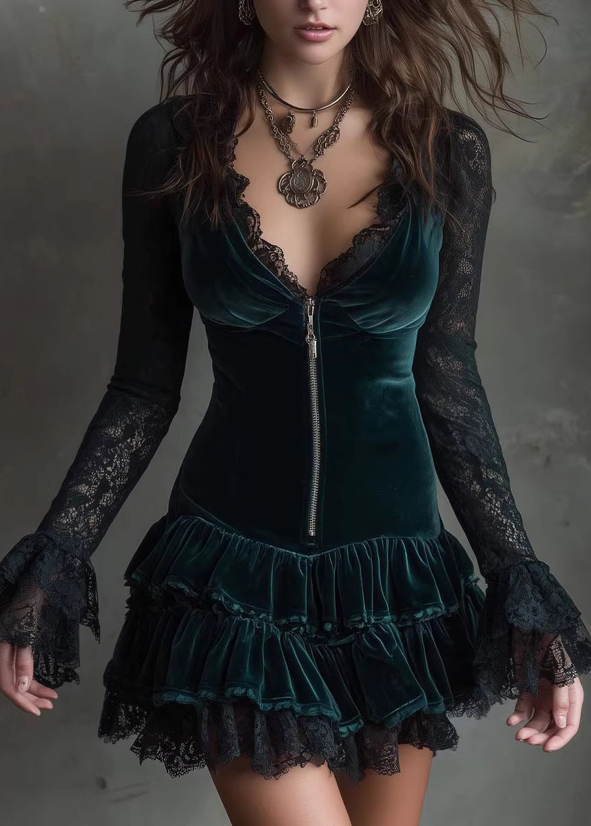 French Green V Neck Lace Patchwork Velvet Mini Dress Fall 3