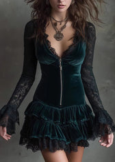 French Green V Neck Lace Patchwork Velvet Mini Dress Fall 3