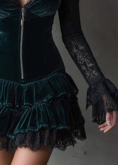 French Green V Neck Lace Patchwork Velvet Mini Dress Fall 4