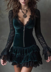 French Green V Neck Lace Patchwork Velvet Mini Dress Fall 5