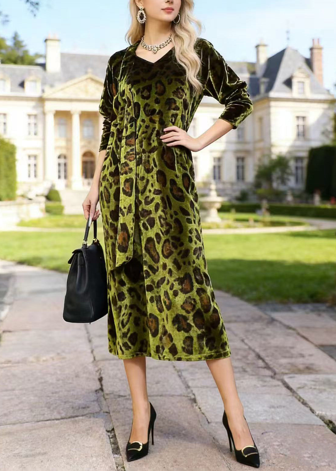Leopard Print Velvet V-Neck Long Sleeve Tie Waist Side Split Midi Dress