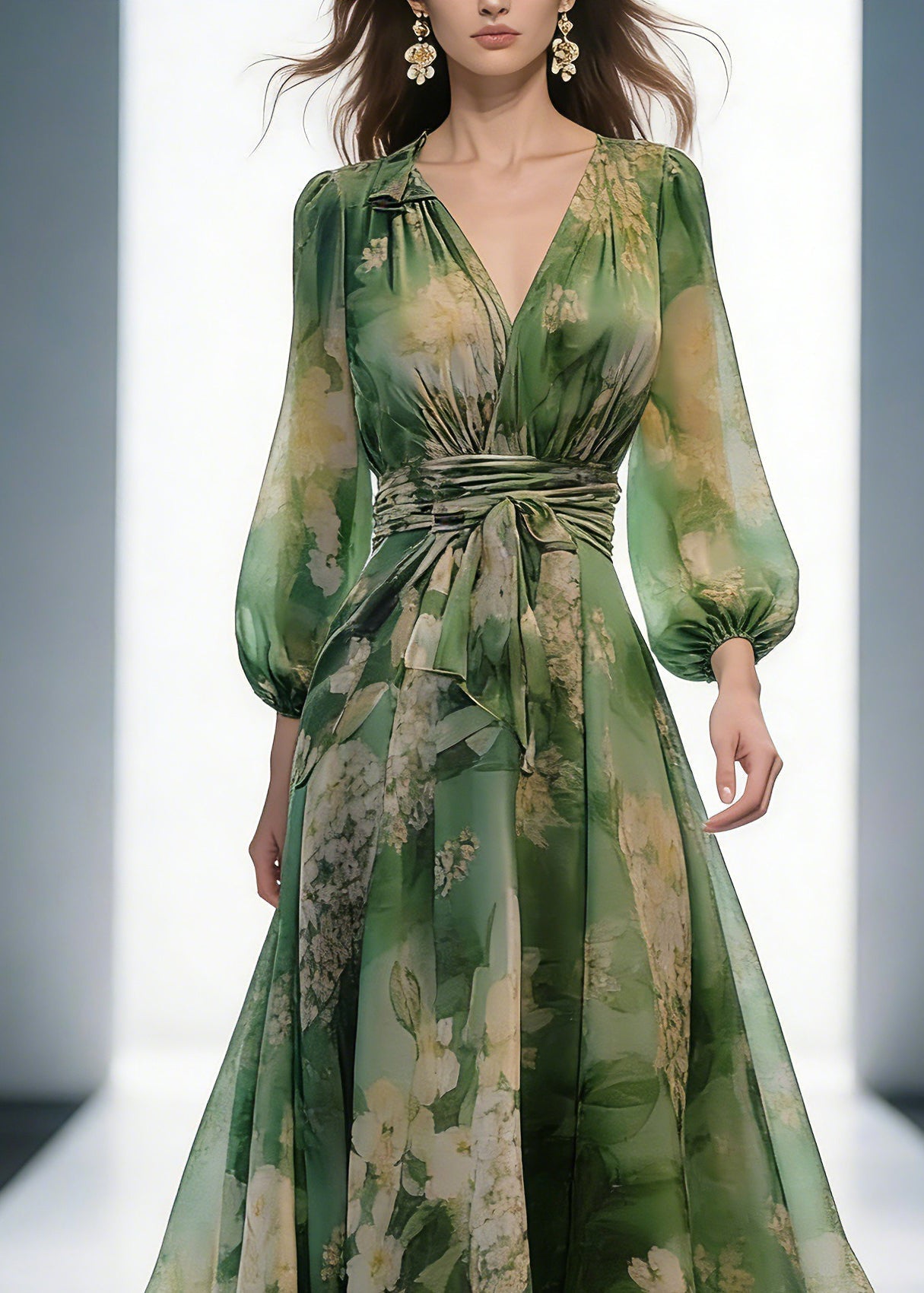 French Green V Neck Print High Waist Chiffon Dresses Long Sleeve 2