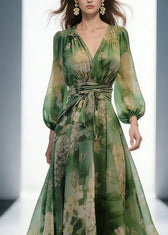 French Green V Neck Print High Waist Chiffon Dresses Long Sleeve 2