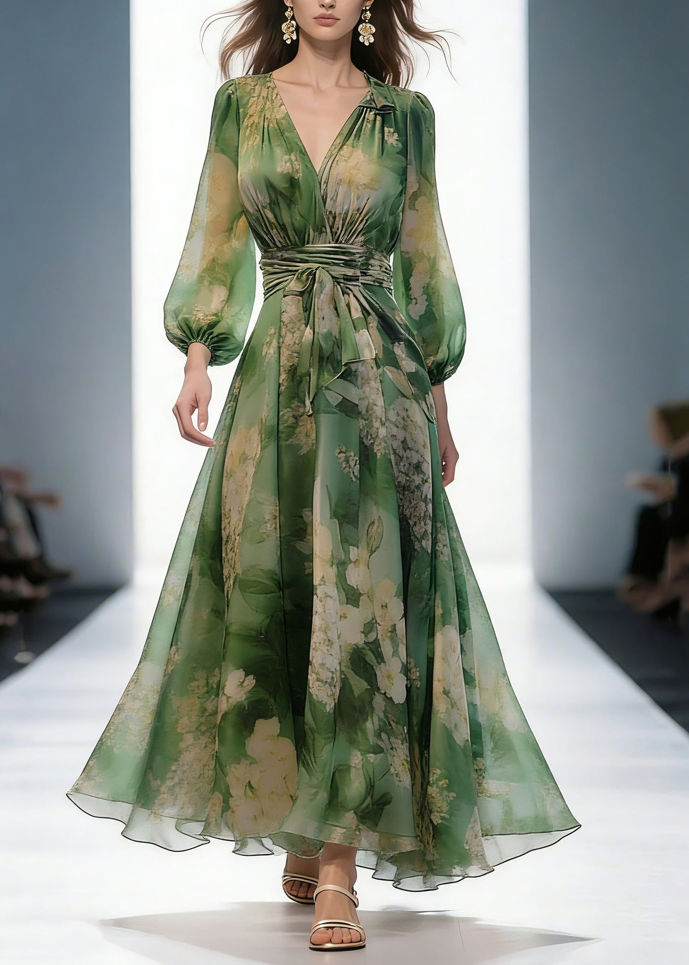 French Green V Neck Print High Waist Chiffon Dresses Long Sleeve 3