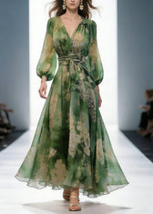 French Green V Neck Print High Waist Chiffon Dresses Long Sleeve 3