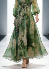 French Green V Neck Print High Waist Chiffon Dresses Long Sleeve 4