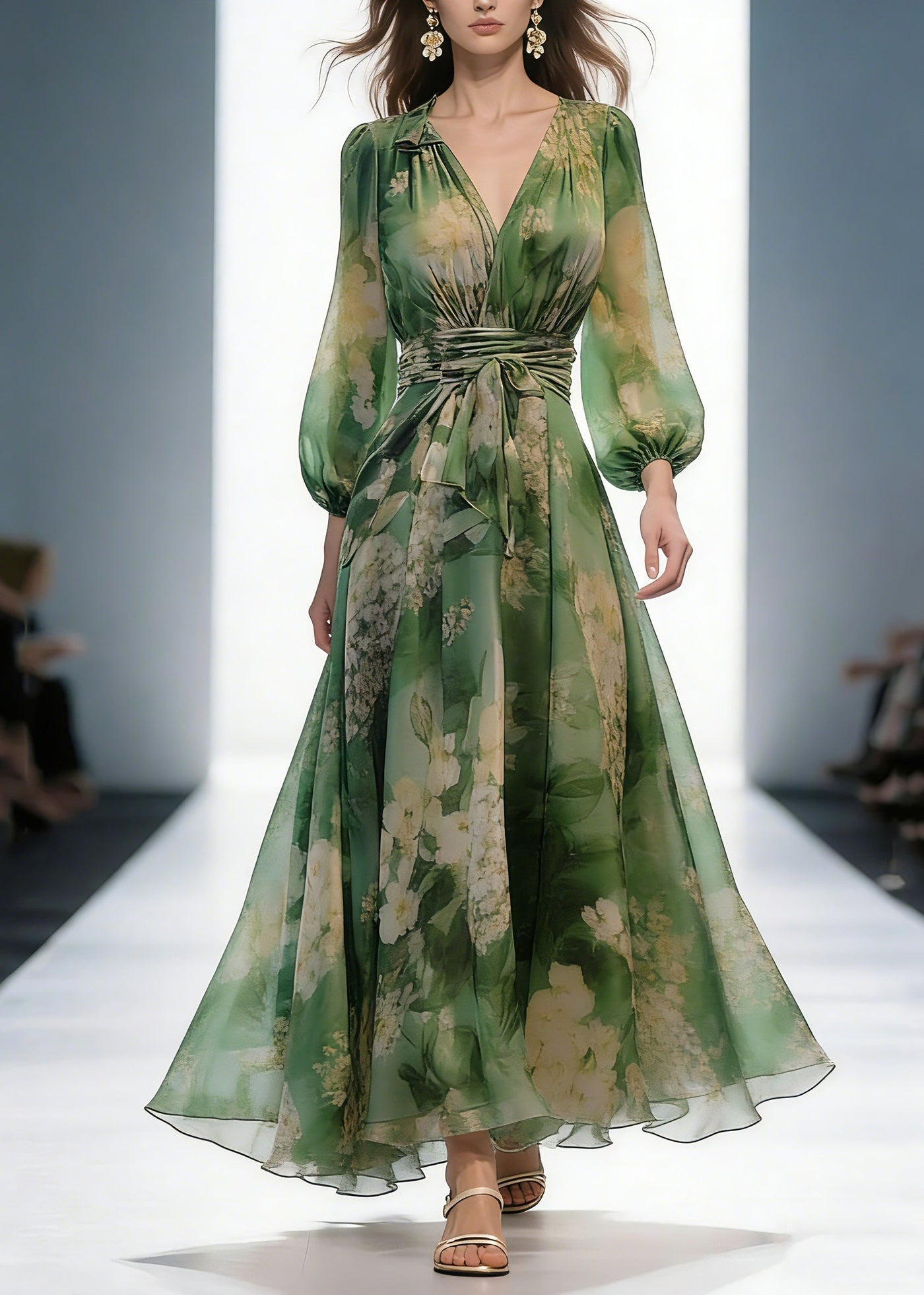 French Green V Neck Print High Waist Chiffon Dresses Long Sleeve 5