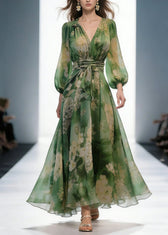 French Green V Neck Print High Waist Chiffon Dresses Long Sleeve 5
