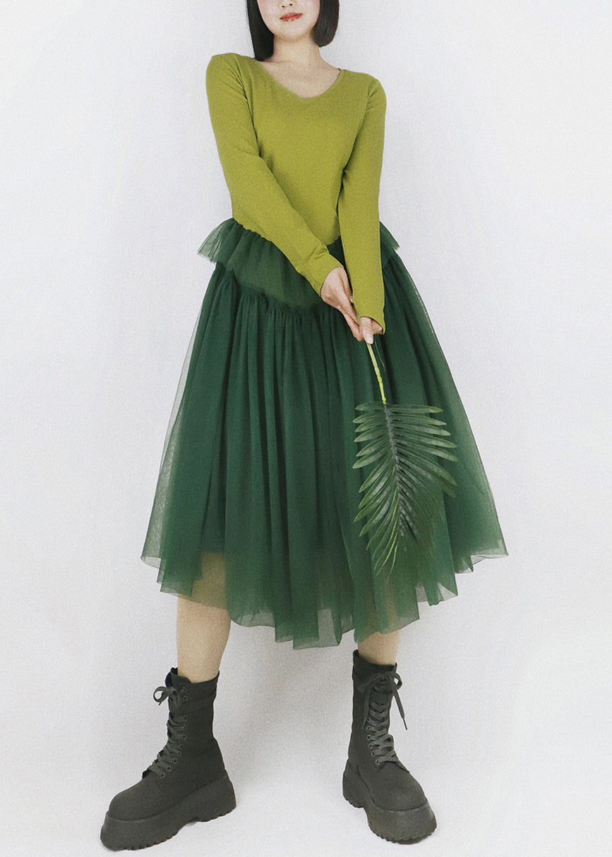 V-Neck Long Sleeve Knit Tulle Pointed Waist Ruffle Midi Dress