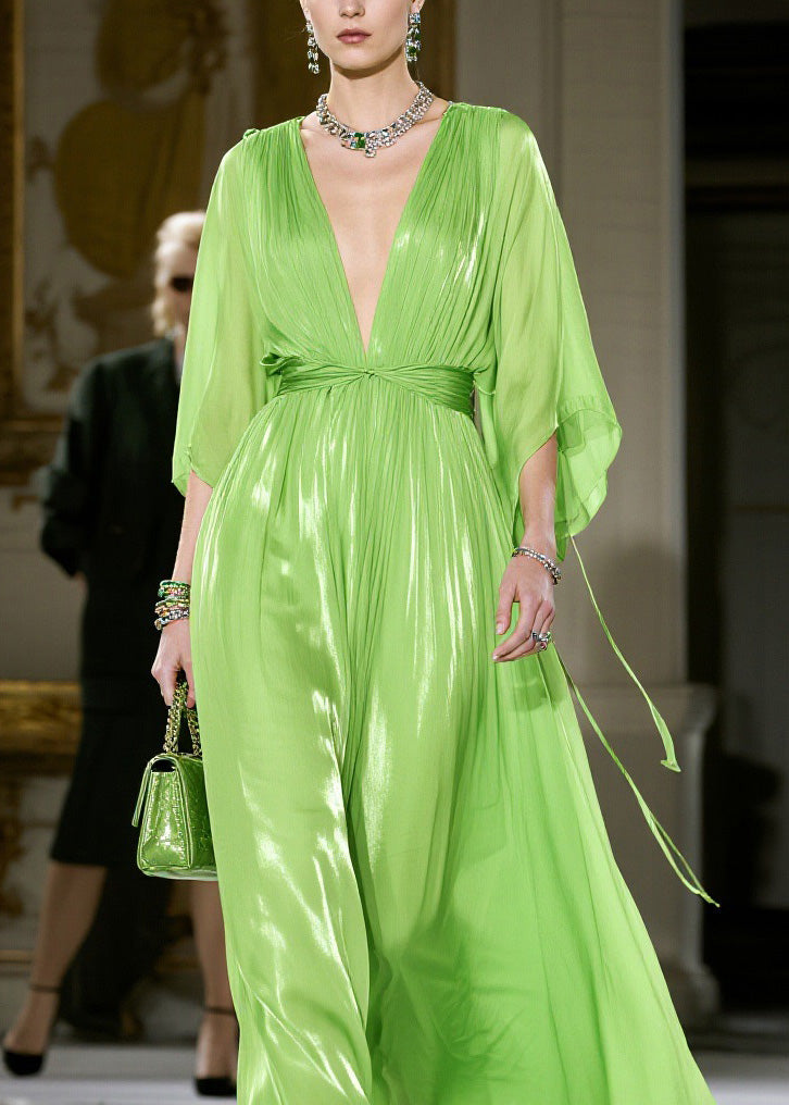 Metallic Pleated Deep V-Neck Butterfly Sleeve Tie Waist Maxi Gown