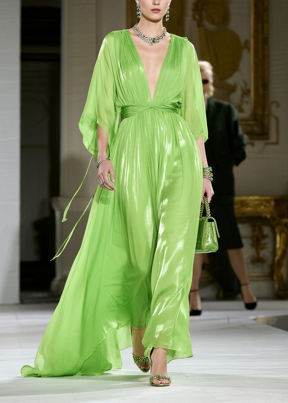 Metallic Pleated Deep V-Neck Butterfly Sleeve Tie Waist Maxi Gown