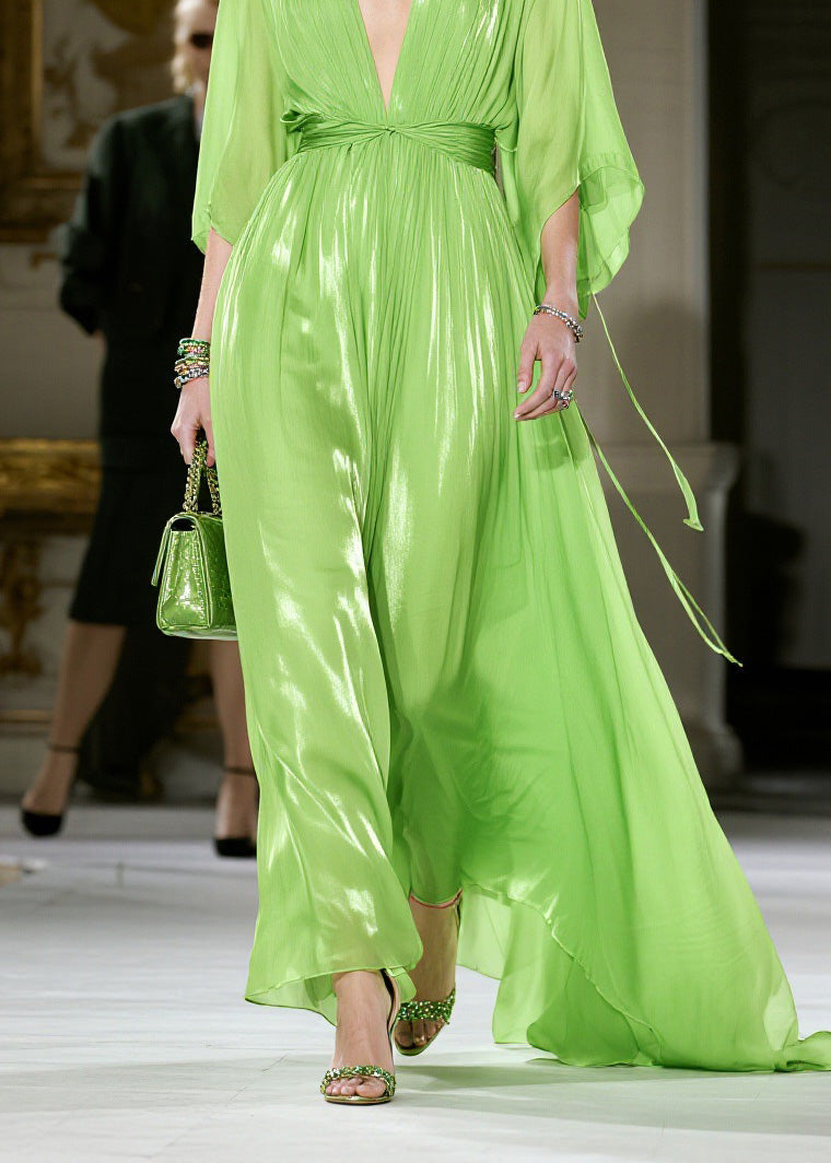 Metallic Pleated Deep V-Neck Butterfly Sleeve Tie Waist Maxi Gown